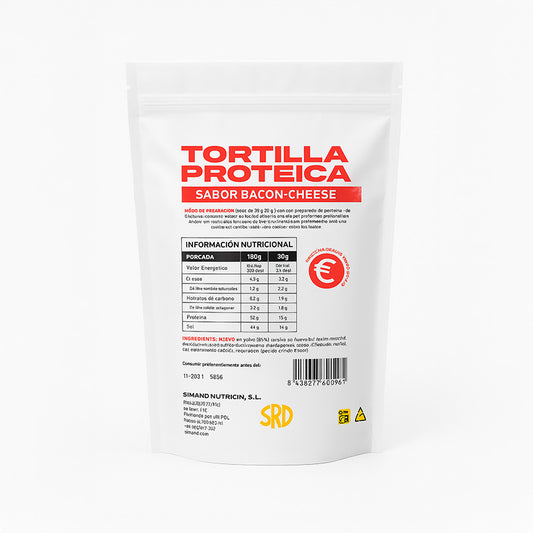 Parte trasera de la bolsa de Tortilla Proteica Sermand sabor Bacon-Cheese con información nutricional y modo de preparación