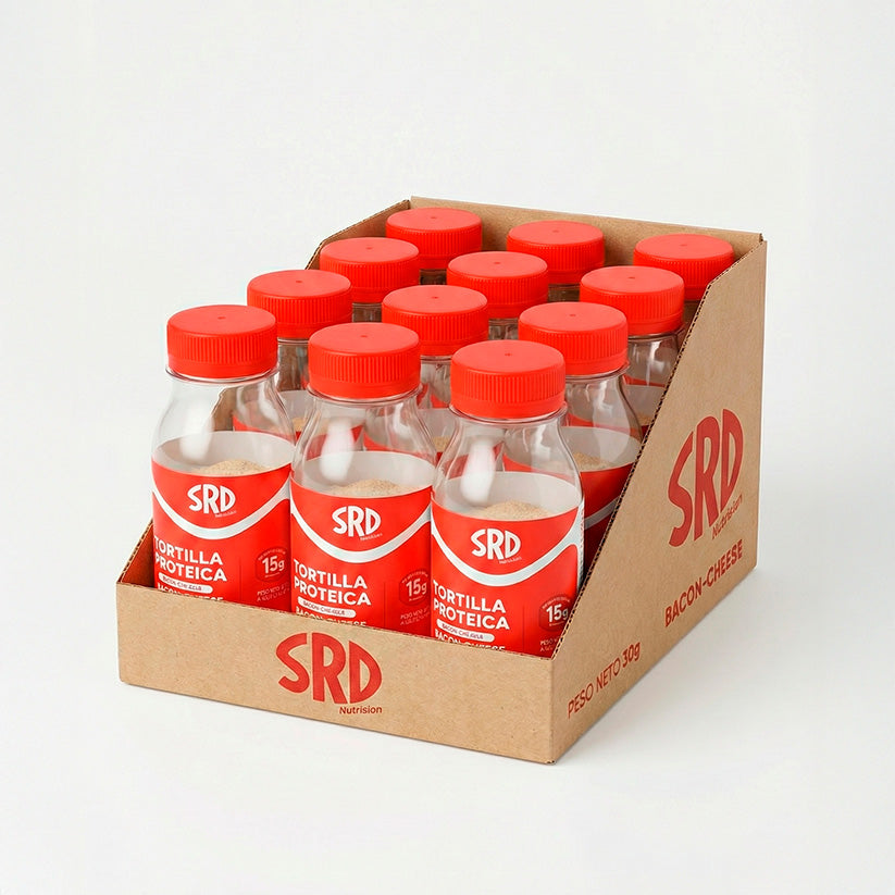 Caja expositora con 12 botellas de preparado para Tortilla Proteica Sermand Nutrición sabor bacon y queso