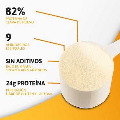 Cacito medidor con polvo de proteína Sermand destacando 24g de proteína por ración y 9 aminoácidos esenciales