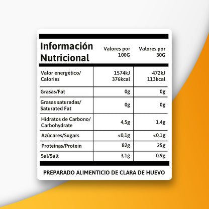 Tabla detallada de información nutricional de la proteína de clara de huevo por cada 100g y ración de 30g