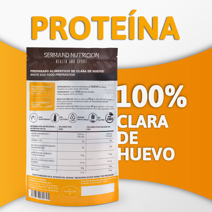 Parte trasera de la bolsa de proteína Sermand con modo de empleo e información nutricional 100% clara de huevo