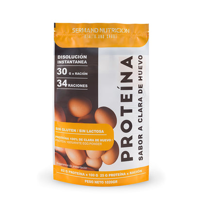 Bolsa frontal de 1020g de proteína de clara de huevo Sermand Nutrición, sin gluten y sin lactosa