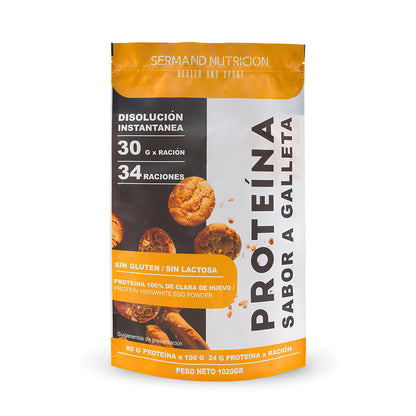 Bolsa frontal de 1020g de proteína de clara de huevo Sermand Nutrición sabor galleta