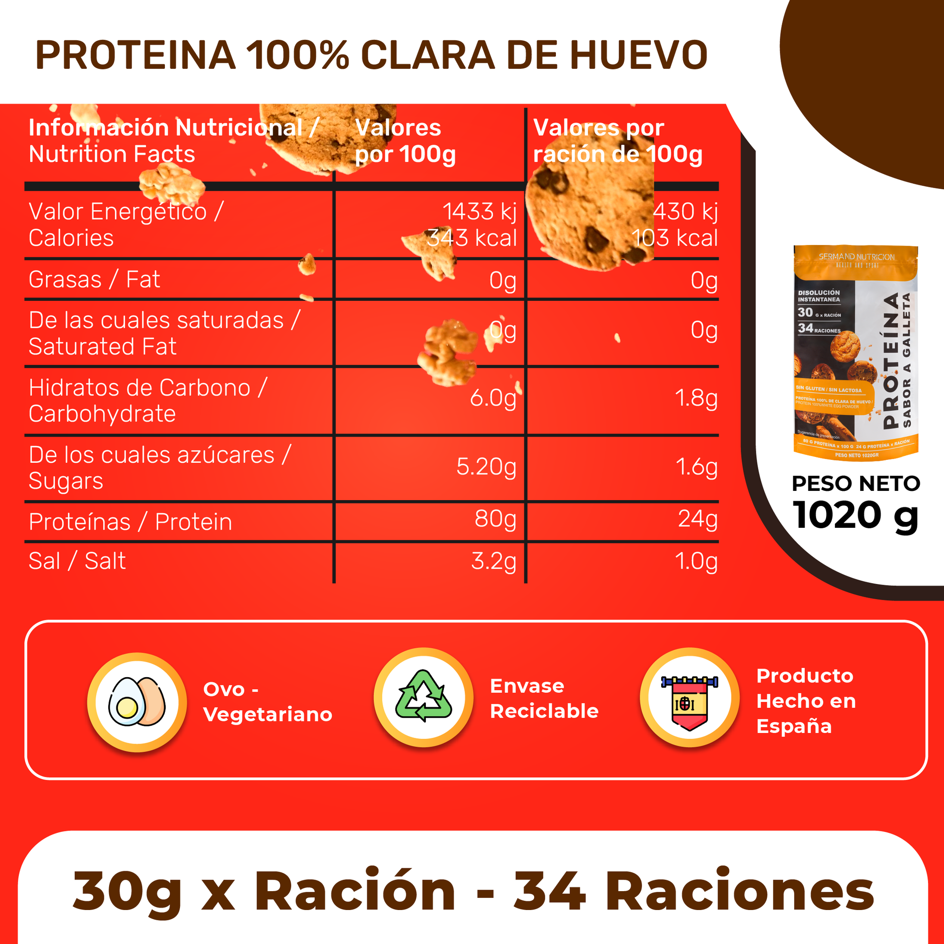 Tabla detallada de información nutricional de la proteína de clara de huevo sabor galleta por ración