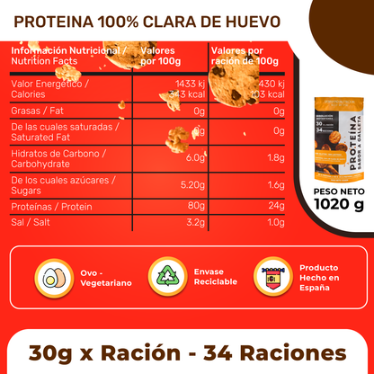Tabla detallada de información nutricional de la proteína de clara de huevo sabor galleta por ración