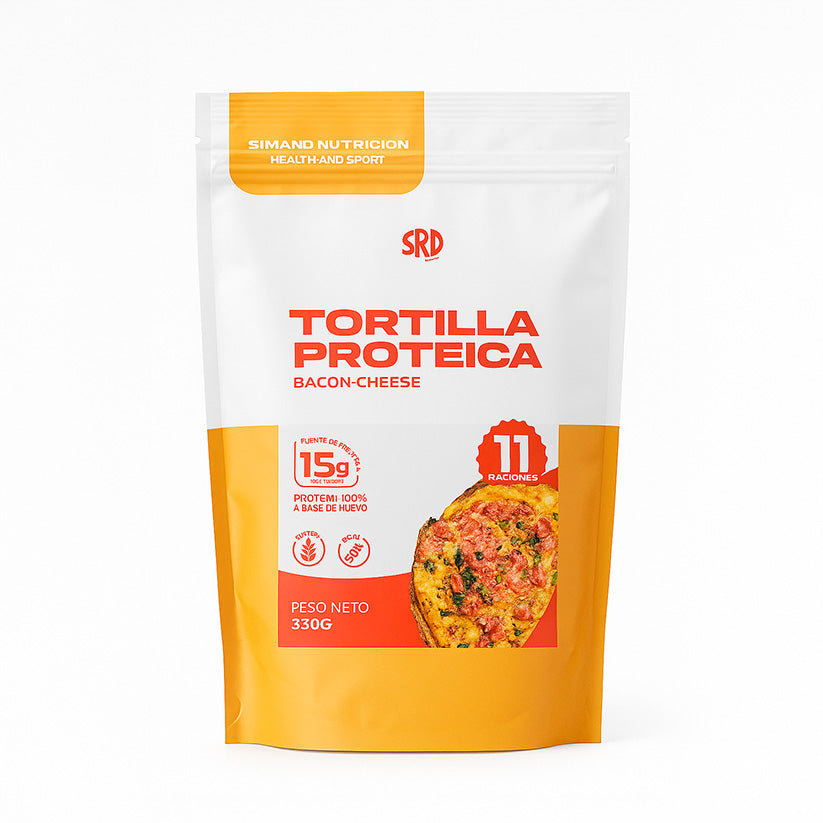 Bolsa frontal de 330g de preparado para Tortilla Proteica Sermand sabor Bacon-Cheese, rinde 11 raciones con 15g de proteína