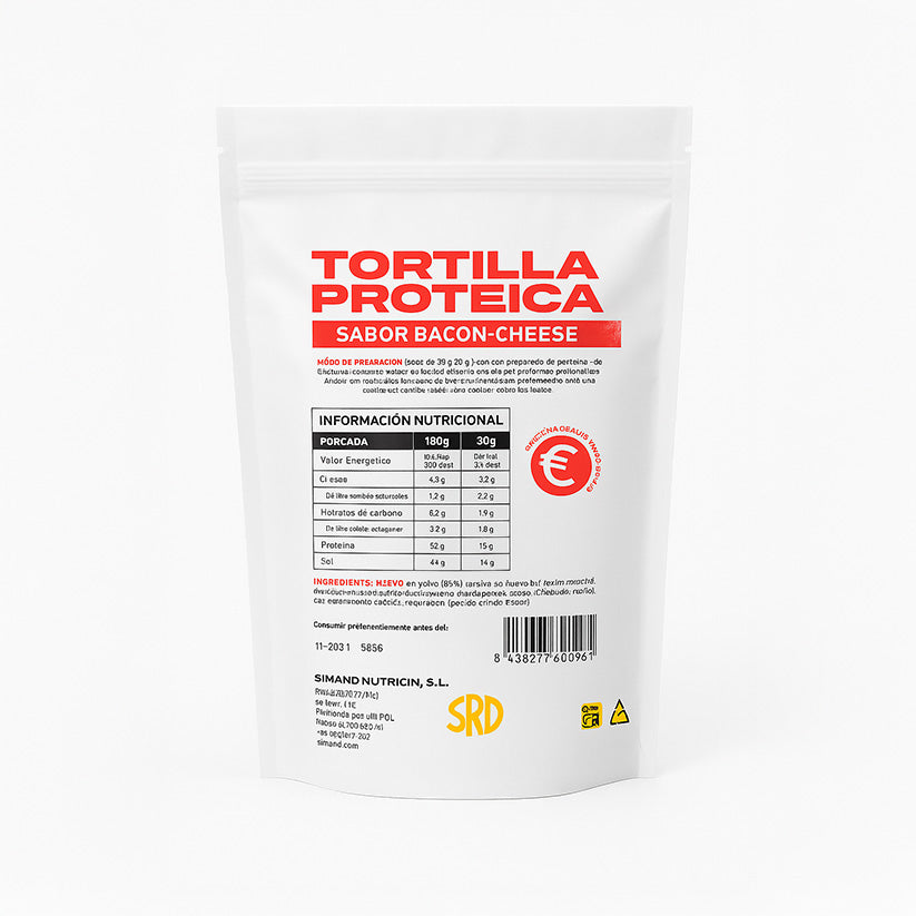Parte trasera de la bolsa de Tortilla Proteica Sermand sabor Bacon-Cheese con información nutricional y modo de preparación